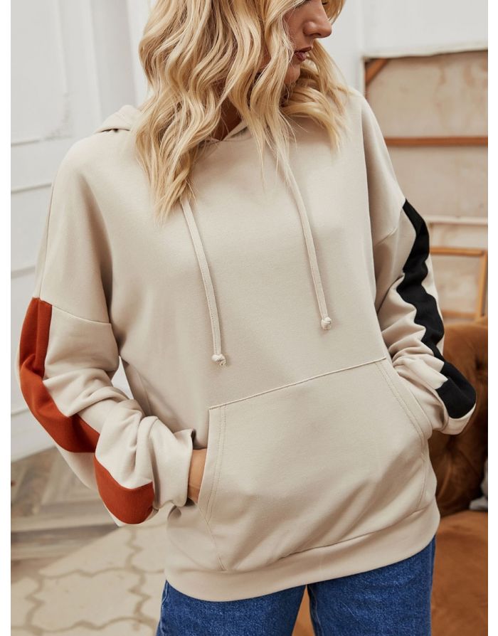 Korean Fashion Stitching Color Hoodies Women Fall Long Sleeve Loose Sweatshirt Coat